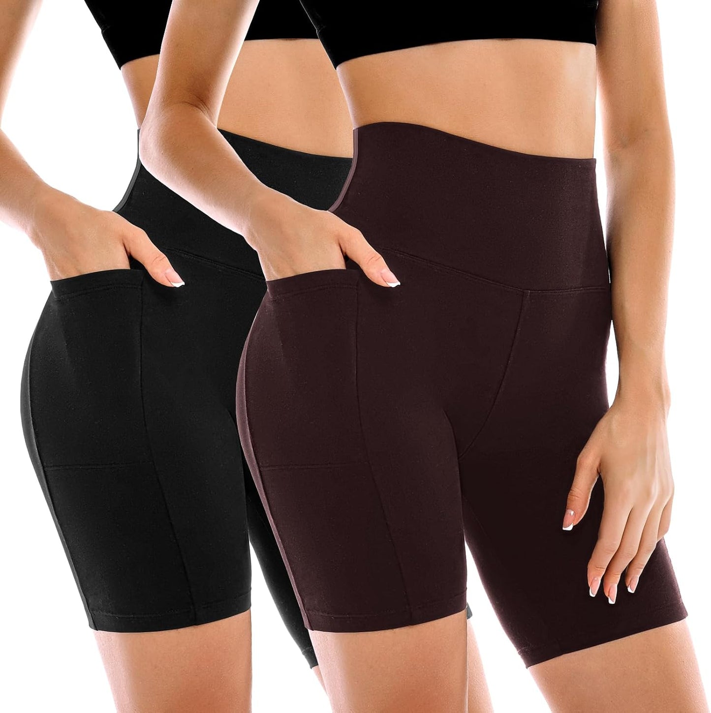 High Waisted Tummy Control Biker Shorts for Women - 2 Pack with Pockets | Yoga & Workout Gear