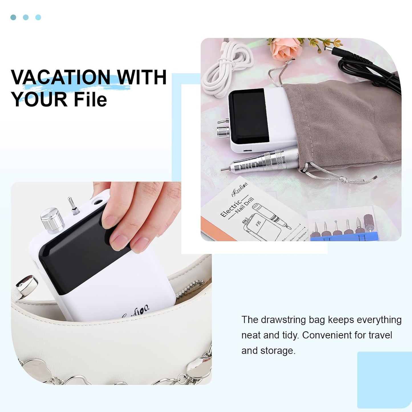 Kredioo Portable Nail Drill - 35000 RPM Rechargeable Electric Nail File Kit for Professional Manicure | White
