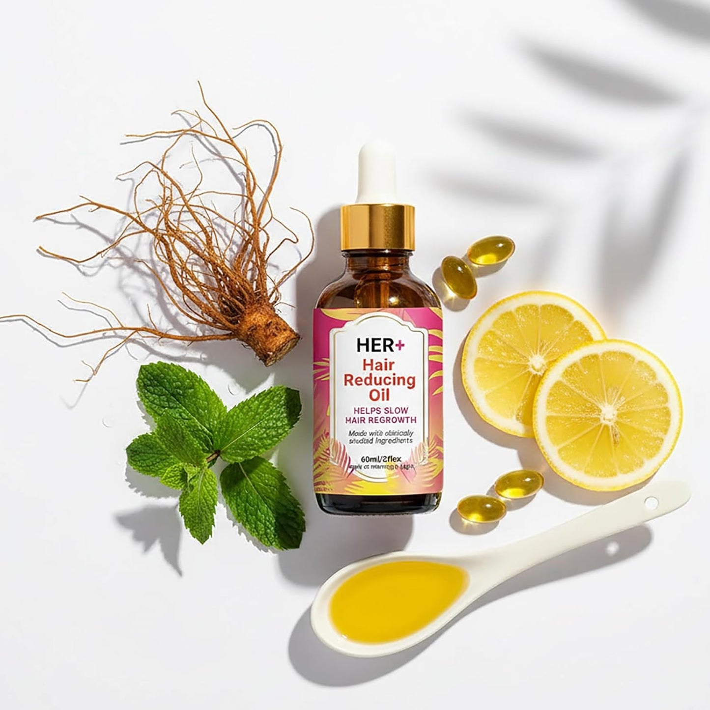 Her+ Hair Removal Oil - 60ml Organic Cyperus Rotundus Serum for Smooth Skin | Moisturizing & Soothing with Peppermint