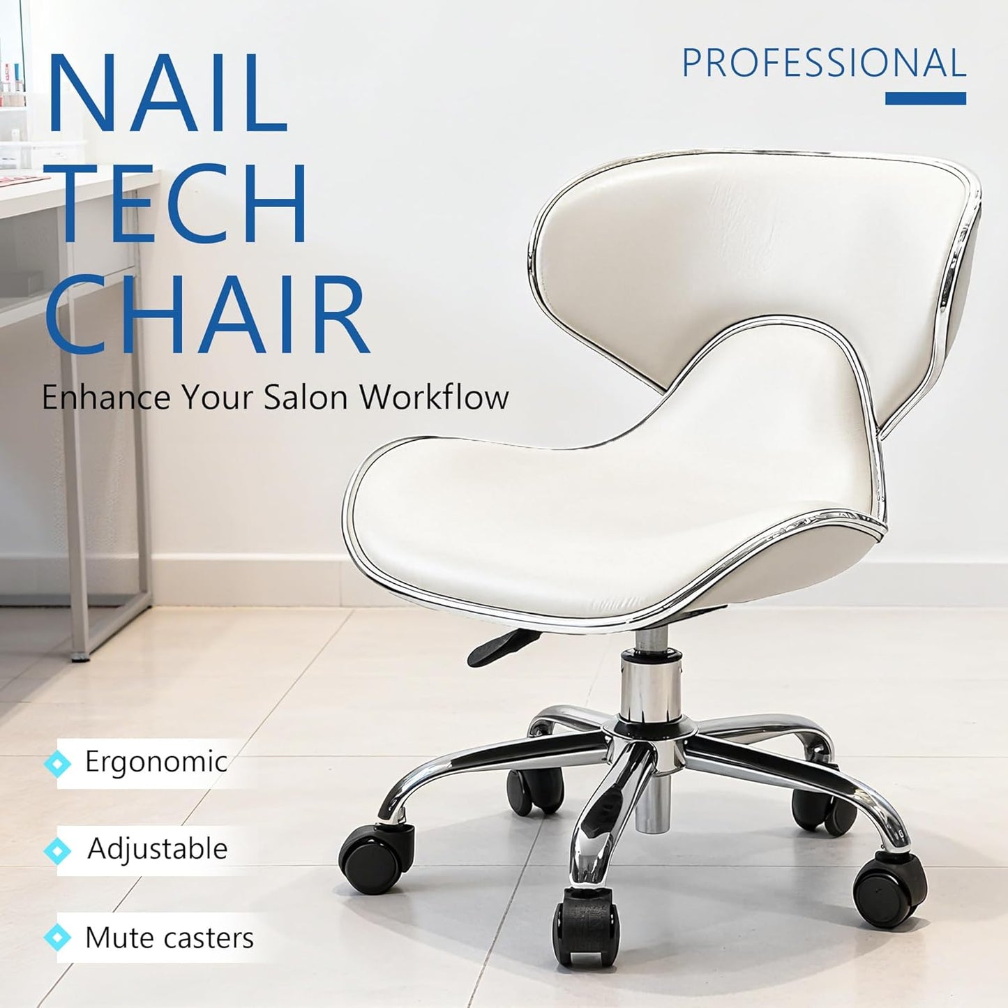White Pedicure Chair - Swivel & Adjustable Nail Tech Stool for Salon Professionals | Low Back Design, Creamy White
