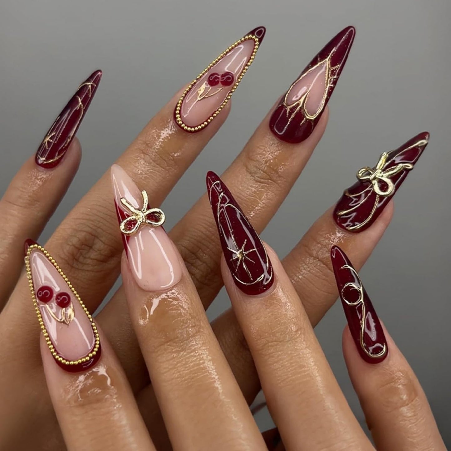 Press On Nails - French Tip Design with Rhinestones | Medium Almond Glossy Full Cover - 24 Pcs