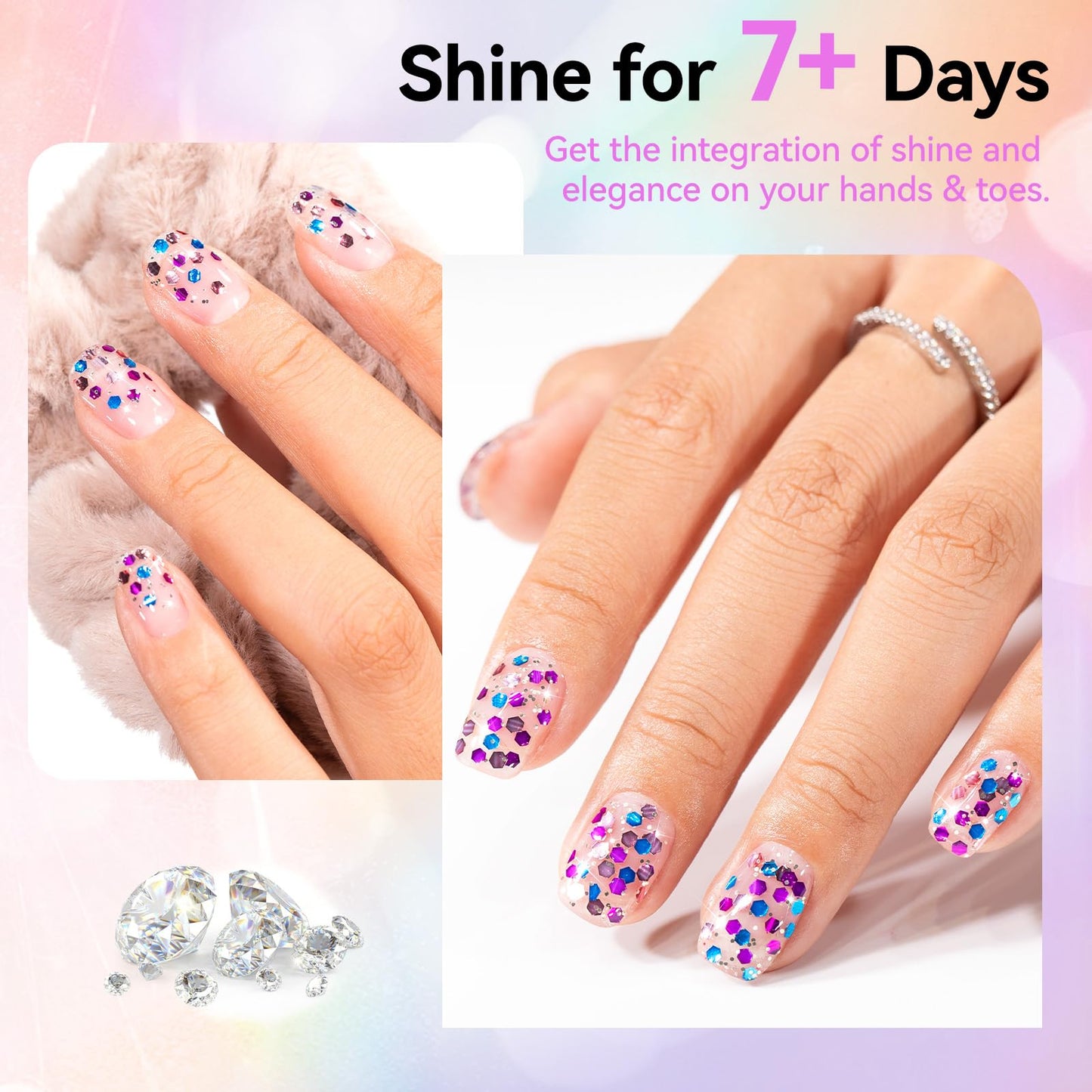 Nailshion Confetti Nail Polish, Purple Blue Rose Gold Glitter Sparkle Nail Polishes with Hexagon Glitter, Rich in Castor Oil, Air Dry No Need U/V Lamp, Iridescent Geometric Nails Art Home DIY Gift