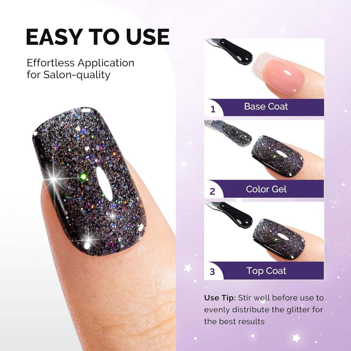 Gel Nail Polish - Black Glitter Soak Off UV LED Cured 15ML | Sparkly Shimmer for DIY Nail Art