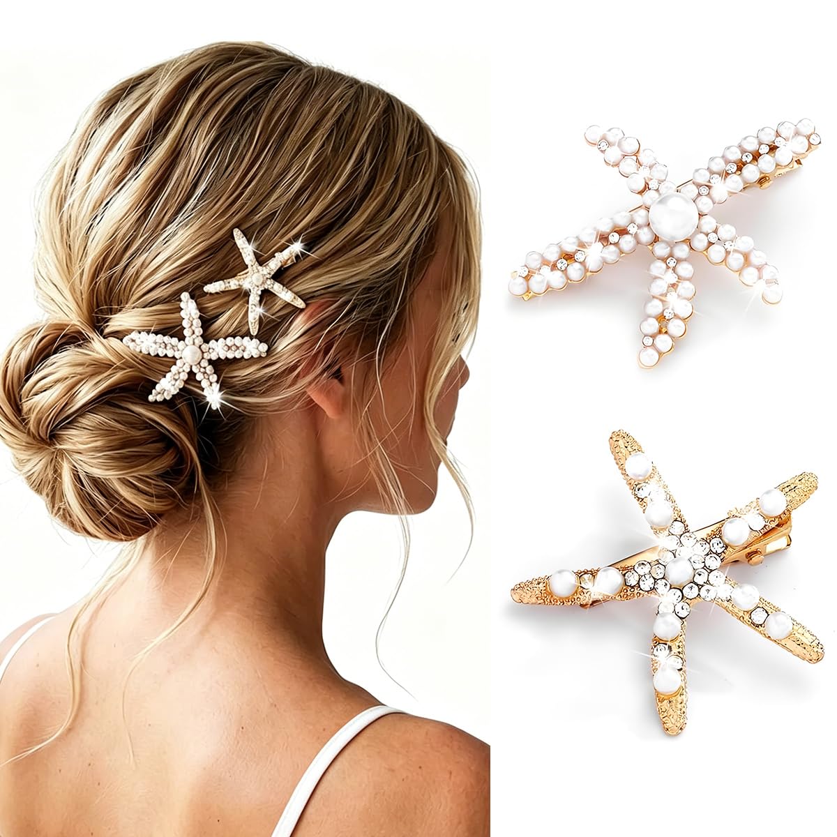 Starfish Hair Clips - Pearl Crystal Rhinestone Barrettes | Non-Slip Ponytail Holders for Weddings & Beach Parties - 2PCS