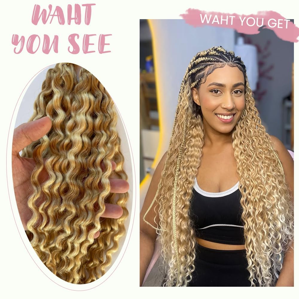27613 Boho Human Hair Braiding Deep Wave Bulk 18 18 Inch Human Hair Weave 2 Bundle Unprocessed Brazilian Virgin Hair Blonde Deep Water Braiding Hair Extensions 100g/Pack