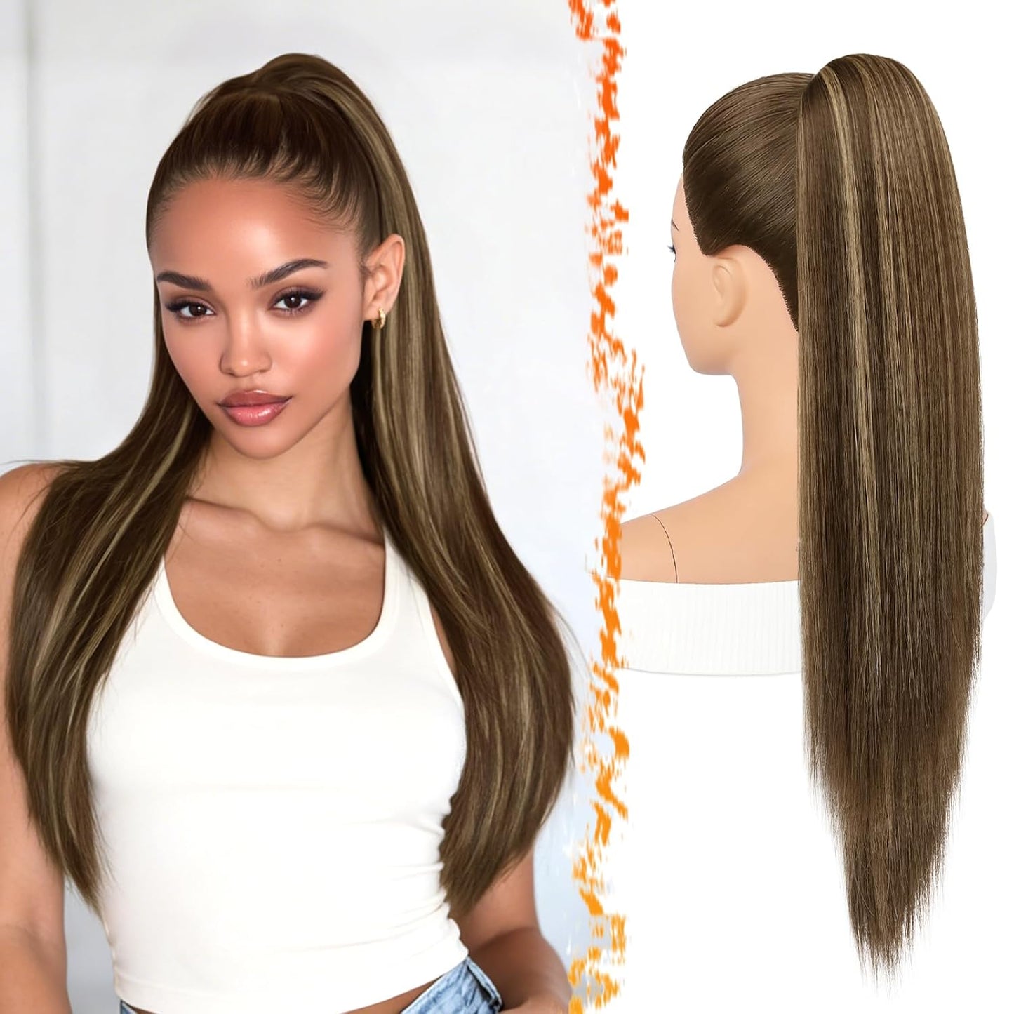 Dark Brown Straight Drawstring Ponytail Extension - 22 Inch Soft Synthetic Hairpiece for Natural Look & Daily Wear