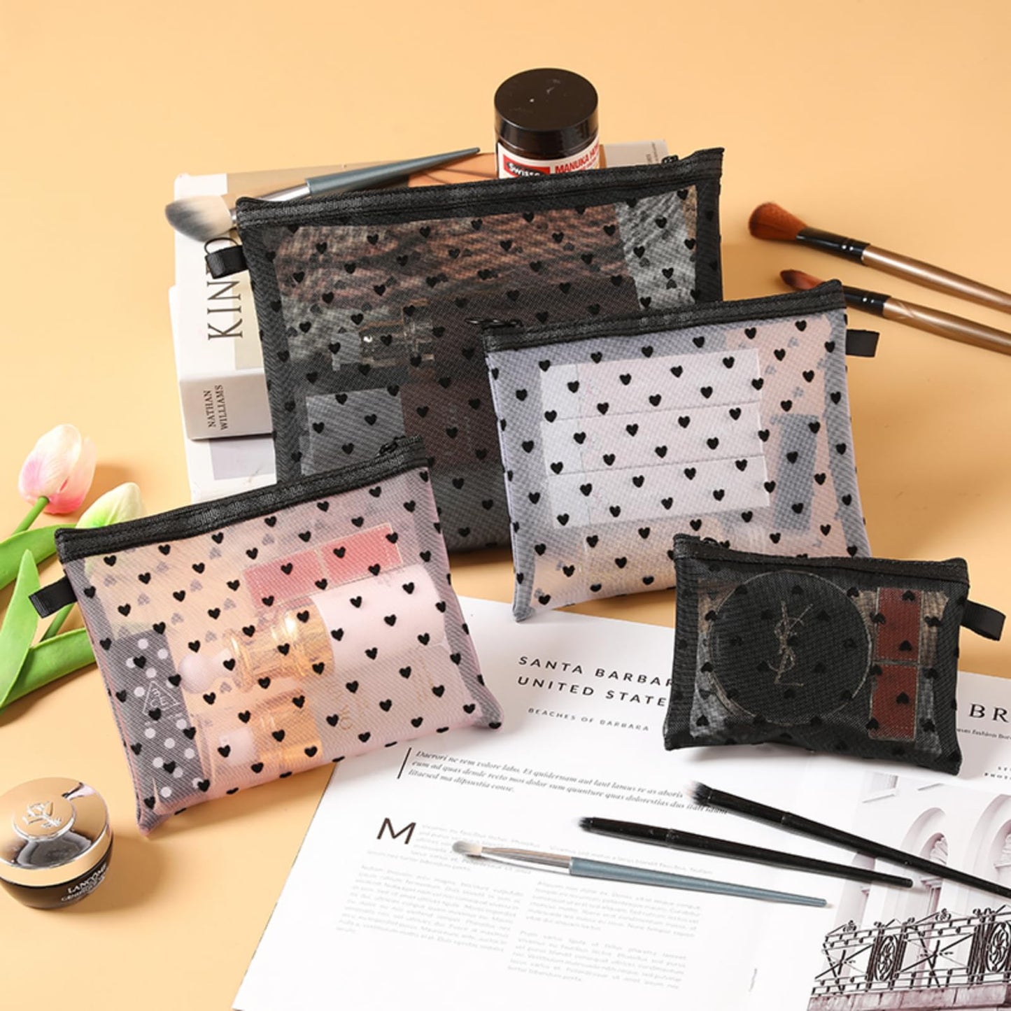 4-Piece Heart Printed Mesh Makeup Bag Set, Portable Travel Mesh Cosmetic Bags Toiletry Bags Makeup Purse Bags, Zipper Storage Pouches for Home Offices Travel Accessories (Beige)