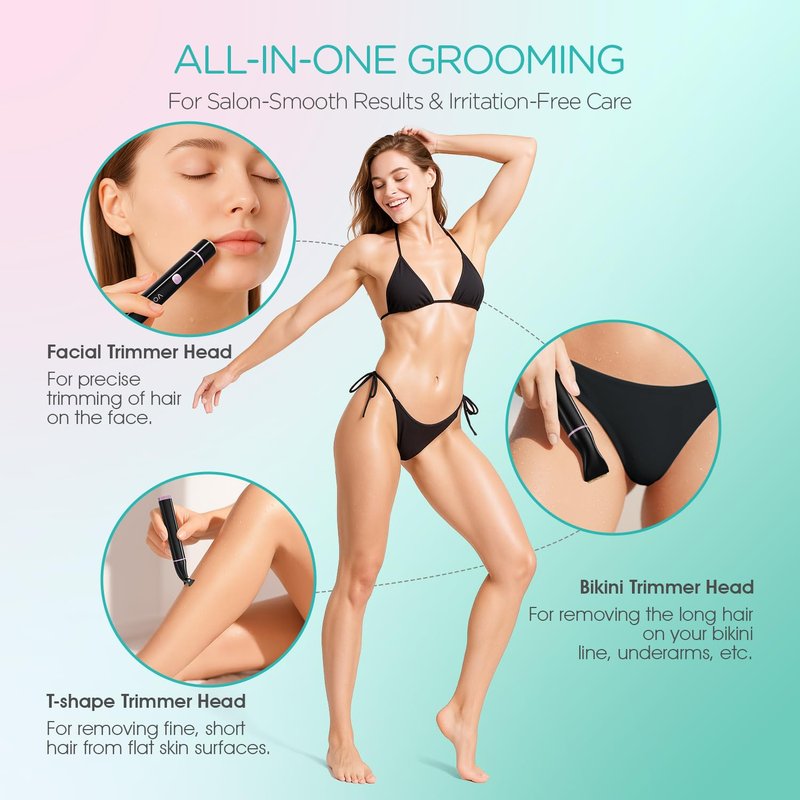 VOGOE Bikini Trimmer for Women, 3-in-1 Electric Razors for Women, Cordless Compact Waterproof Pubic Hair Trimmer for Body, Face & Bikini Area (Black)