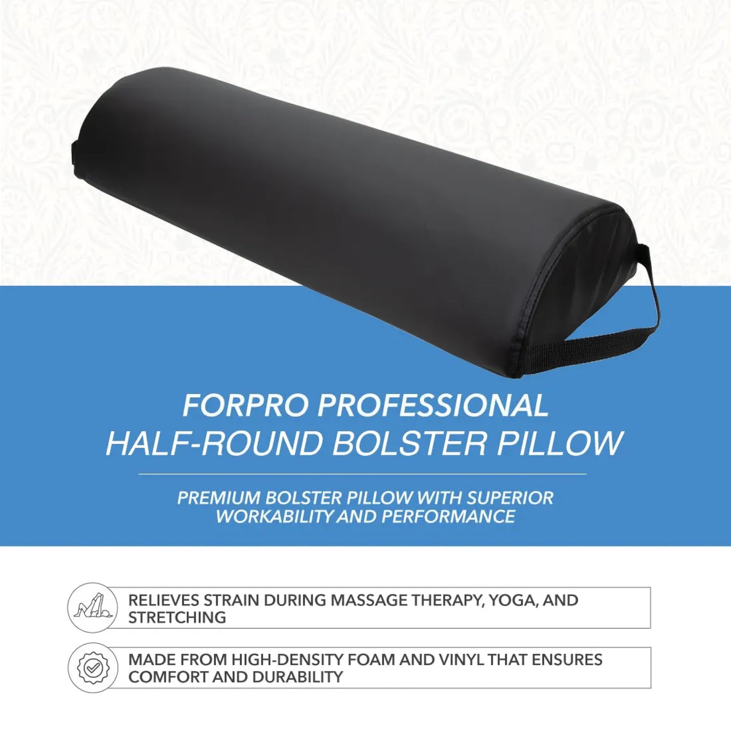 ForPro Premium Jumbo Half-Round Bolster Pillow for Massage and Yoga, Oil and Stain-Resistant, 9”W x 4.5" H x 26”L, Black