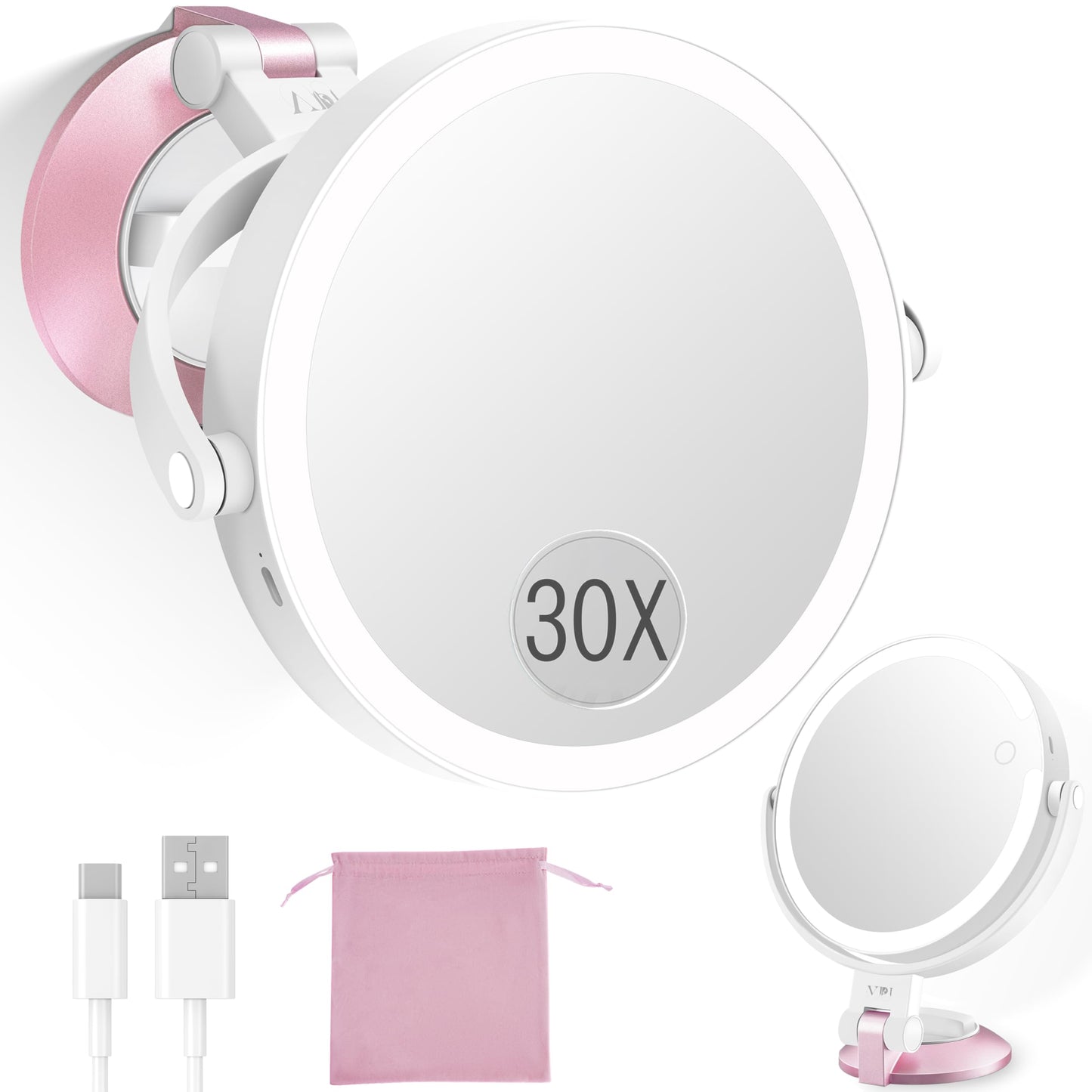 vpu 30X/1X Wall Mounted Magnifying Makeup Mirror with Power Suction Cup, Rechargeable Double Sided Regular HD/Magnification 3 Color Modes Adjustable Brightness Mirror with Lights for Bathroom, Travel