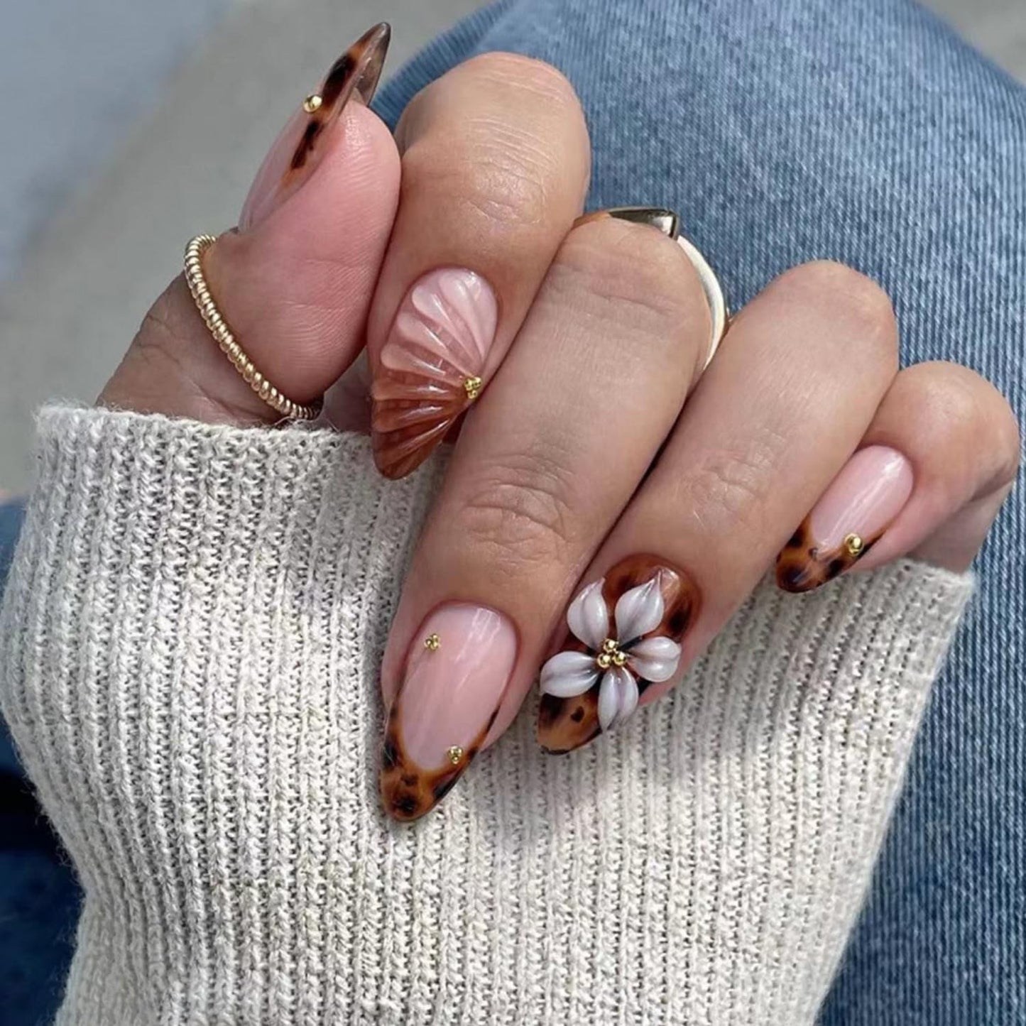 Short Almond Press-On Nails - 24 Pcs French Tip with Leopard Print & Gold Beads | Reusable Acrylic Nail Designs for Women