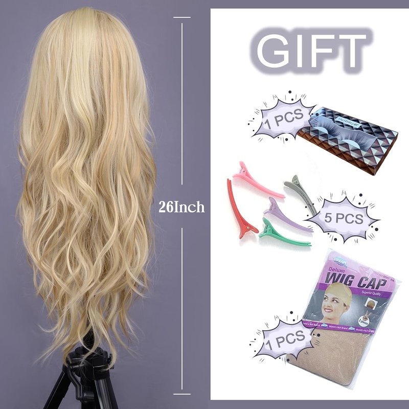 Mixed Blonde Long Wave Wig for Women | 26-Inch Heat-Resistant Synthetic Fiber - Natural Look for Daily Wear