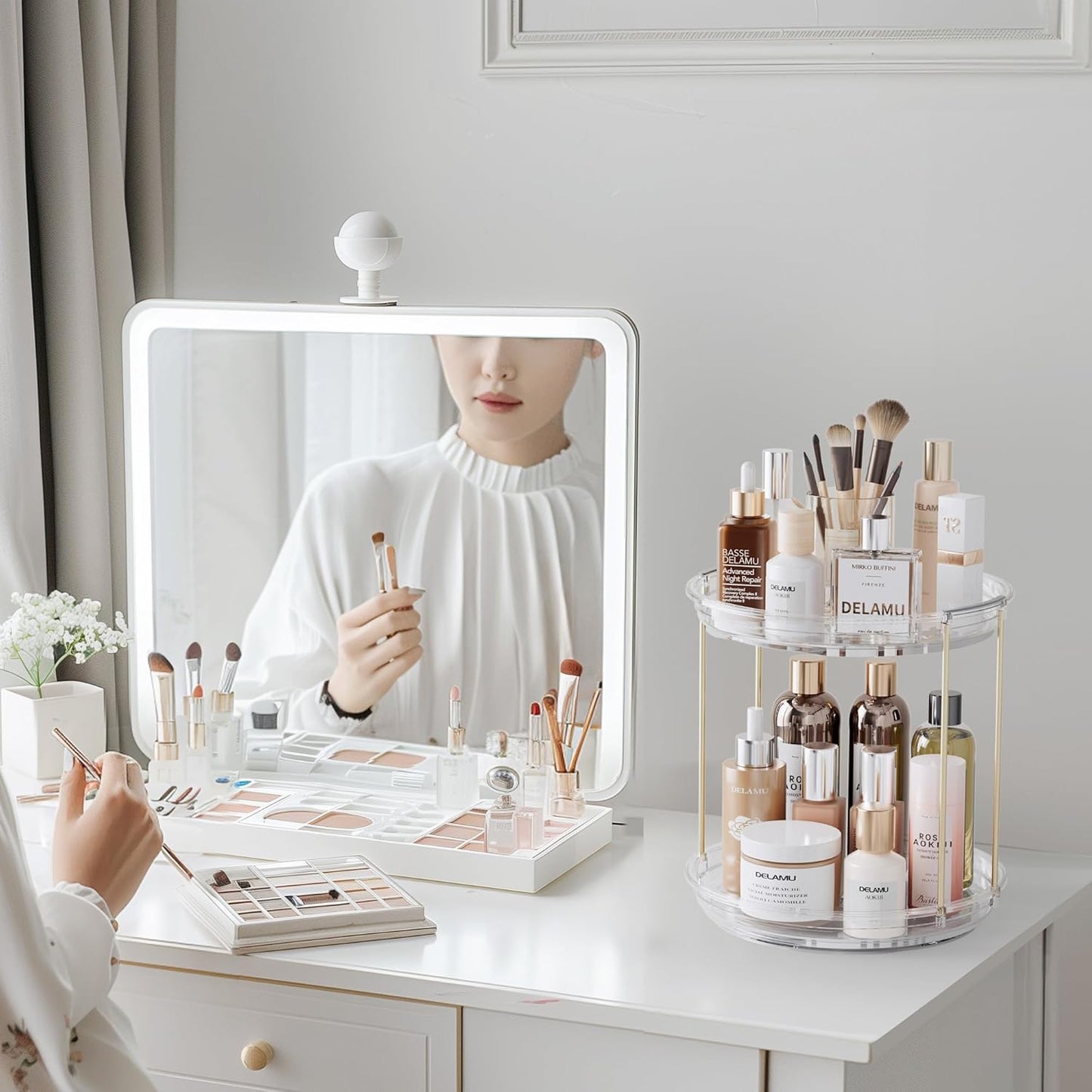 Rotating Makeup Organizer - 2 Tier Stackable Vanity Storage | Clear Skincare & Perfume Holder
