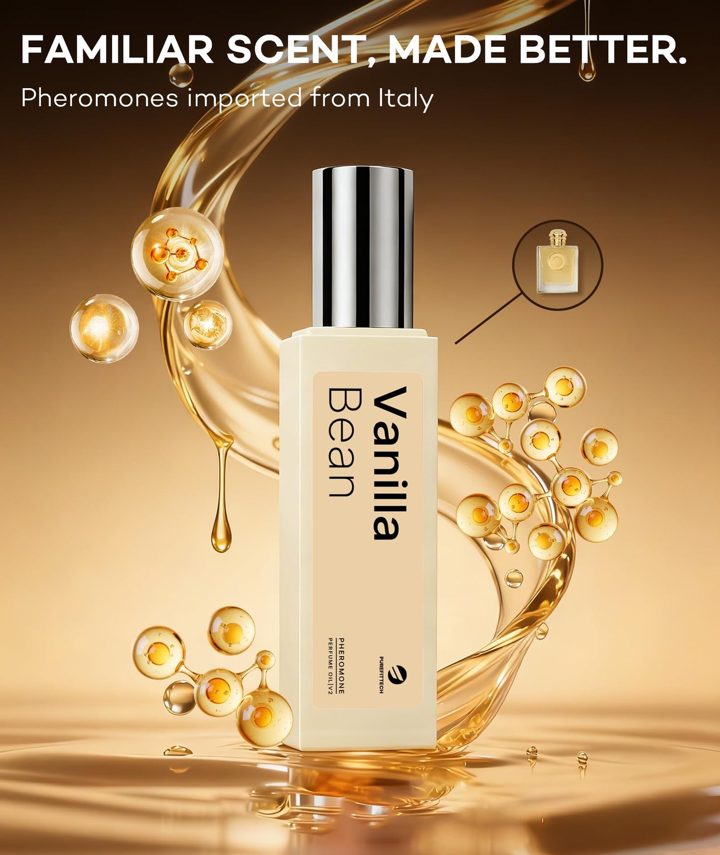 purefittech Pheromones Perfume for Women, Vanilla Bean Fragrance Roll-on Long Lasting Pheromone Perfume Oil, 0.34 fl oz (10ml) Travel Size Extrait de Parfum Made in USA