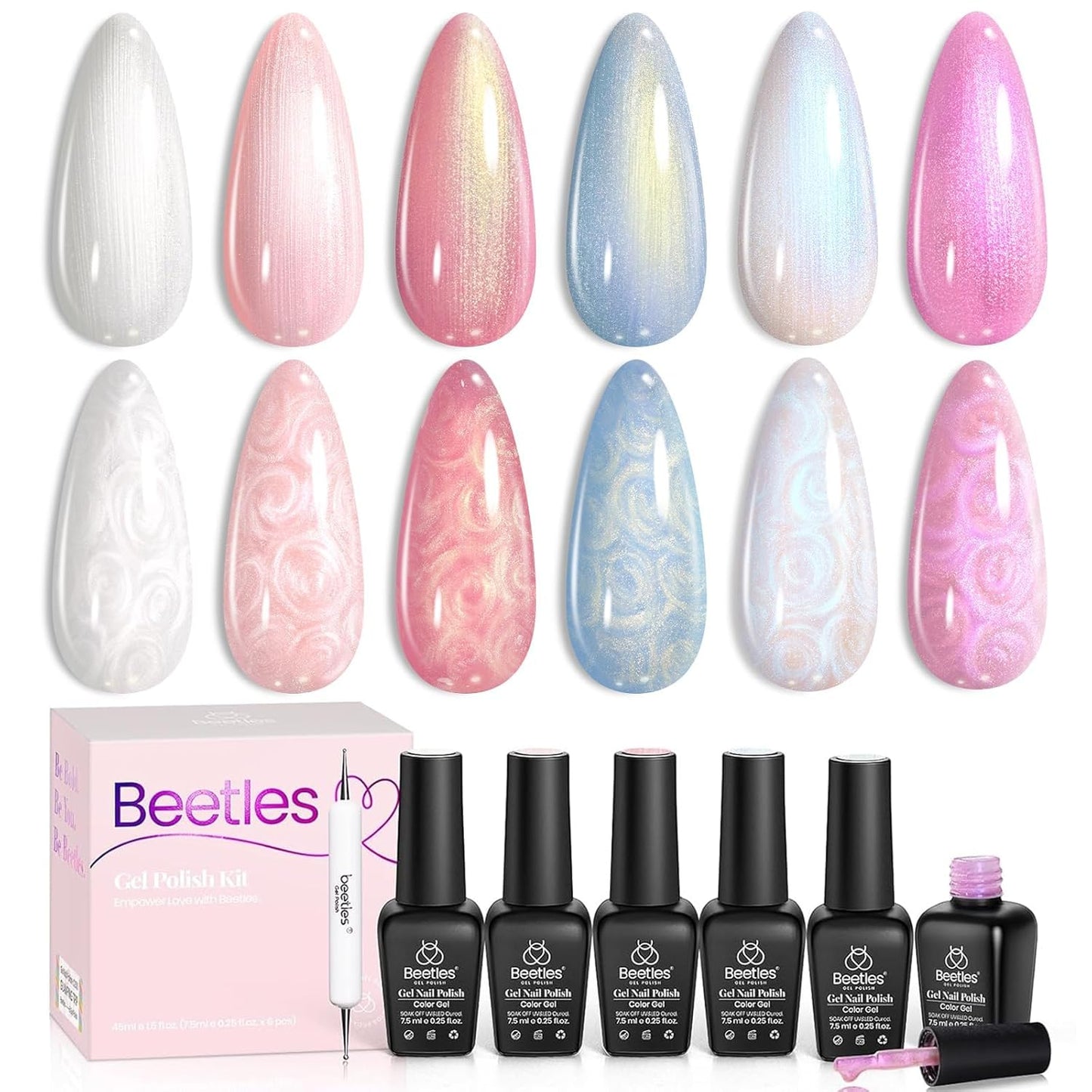 Beetles Cat Eye Gel Nail Polish Set - 6 Summer Glitter Colors | Mint Green, Icy Blue, Teal, Sapphire, Navy, 3D Shimmer Effect