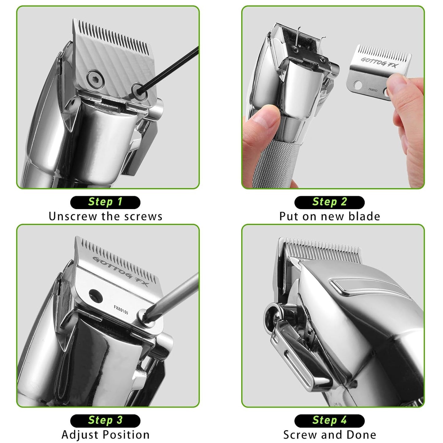 Replacement Blades for BaBylissPRO FX870, FX890, FX825 Clippers - DLC Fade Blade, Silver