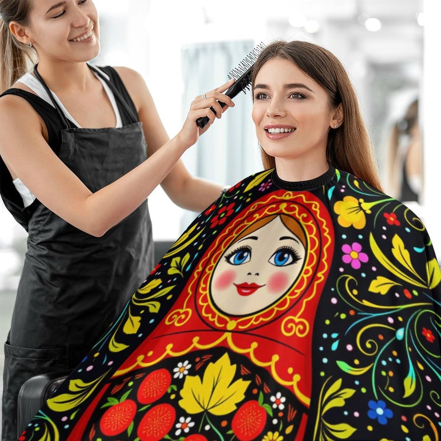 PGDFHGF Russian Doll Floral Adult Barber Apron for Men Women, Soft Durable Hairdressing Cape with Adjustable Snap Closure for Home Use Barbershops Salons