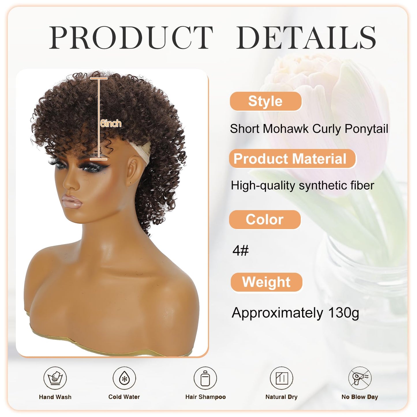 Kinky Curly Dark Brown Mohawk Wig - Short Synthetic Clip-On Ponytail with Bangs | Fluffy Hair Extension for Daily & Party Use