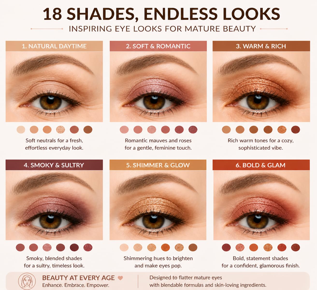 18 Color Natural Eyeshadow Palettefor Older Women – Champagne Shimmer Matte & Glitter Finish with Built-In Concealer Shade – Mauve Plum Brown Nude Eyeshadow Palette, Cream Eyeshadow for Mature Skin