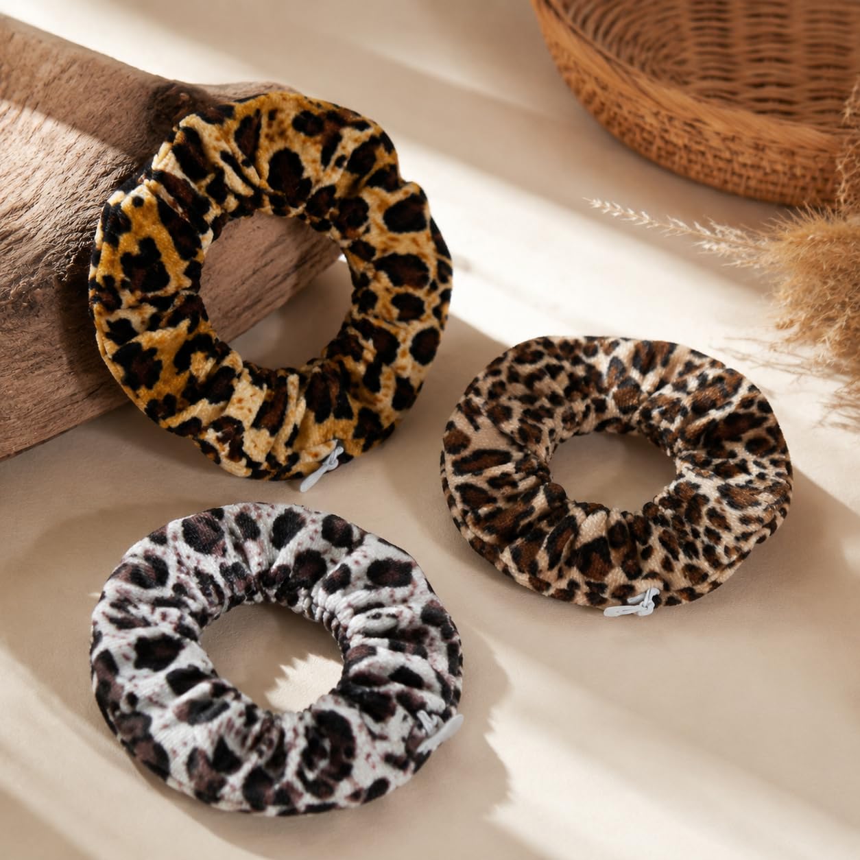 Boho Chic Leopard Print Hair Scrunchies - Soft Elastic Ponytail Holders Set | 3 Pieces