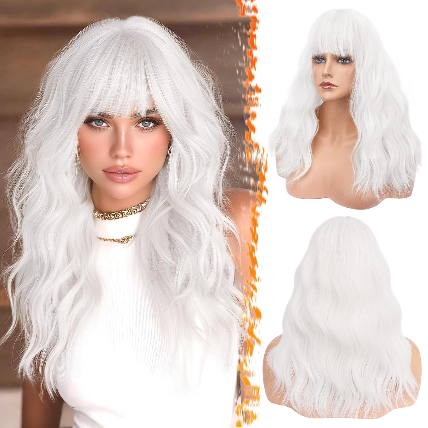 Long Wavy Blonde Curtain Bangs Wig - 26" Synthetic Ombre Wig with Dark Roots | Soft Natural Look