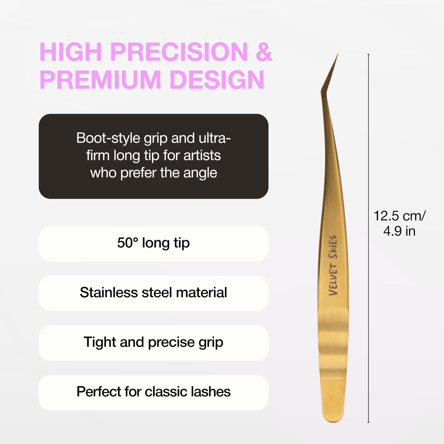 Curacoro Lash Tweezers - LashSmith 50° Long Tip Eyelash Tweezer for Isolation, Long Ultra-Firm Tip for Versatile Lashing Techniques