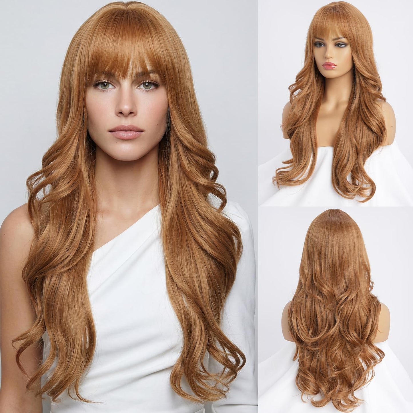 Long Black Wig with Bangs - Medium Length Wavy Layered Style | Heat Resistant Synthetic Hair (28 Inches)