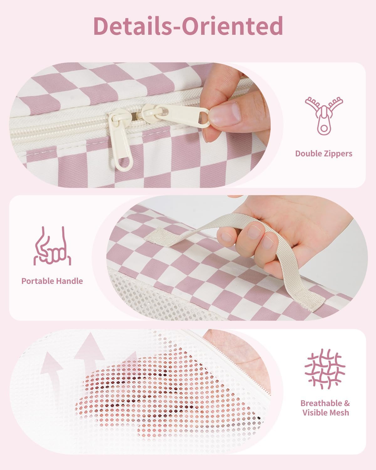 Checkered Packing Cubes - 7 Set Travel Organizer Bags for Suitcase | Durable Dusty Pink Design