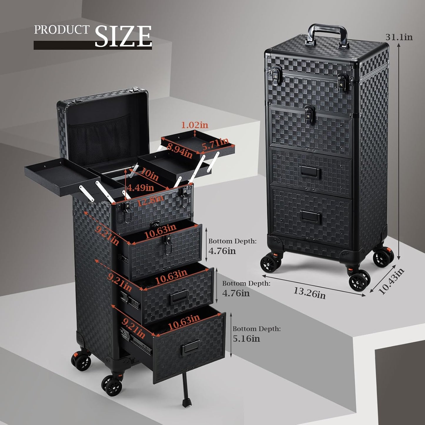 Rolling Makeup Case on Wheels - 4-in-1 Cosmetology Organizer with 3 Drawers & Foot Stand | Ideal for Artists & Salons
