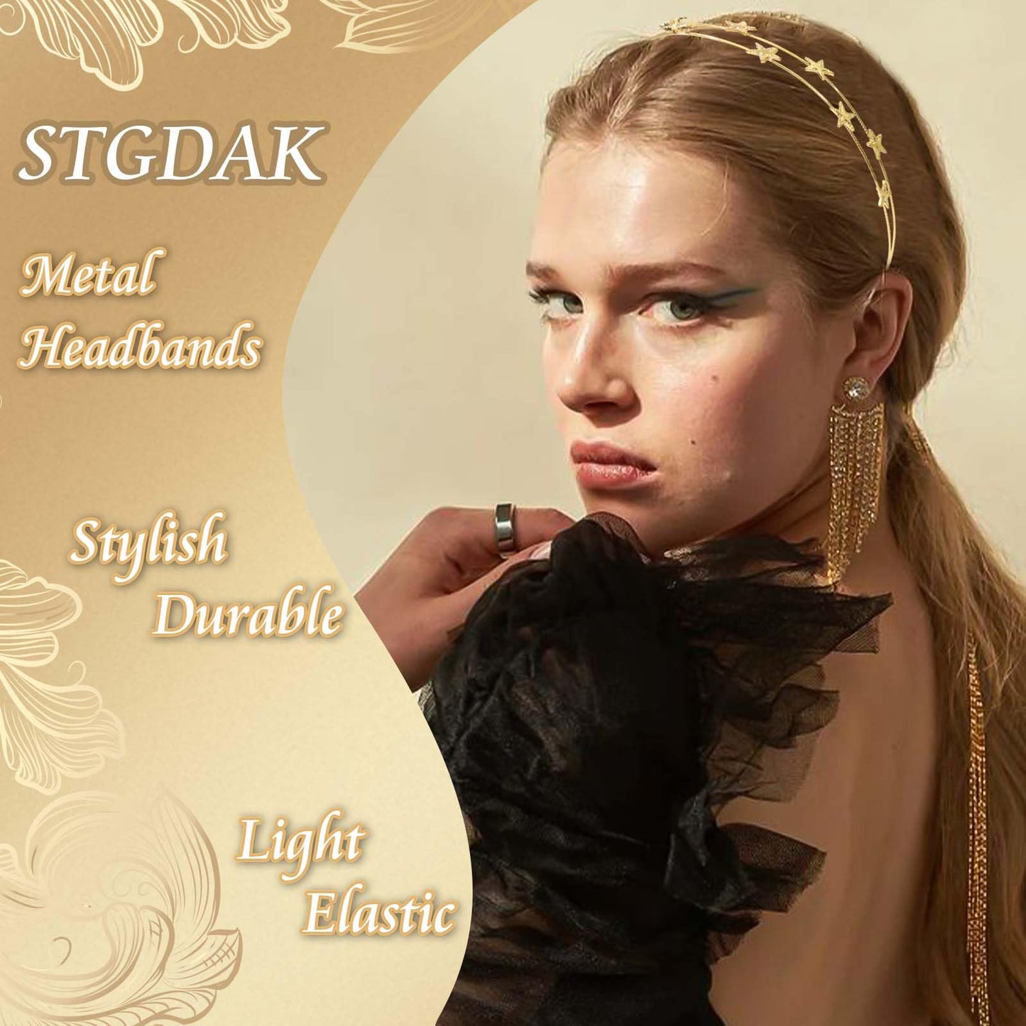 STGDAK 2 Pcs Star Headbands For Women Gold Headband Metal Hair Hoop Silver Bridal Hairbands Double Row Wedding Crown Headband Space Headpiece Flower Girls Tiara Valentine's Day Hair Accessories Gift