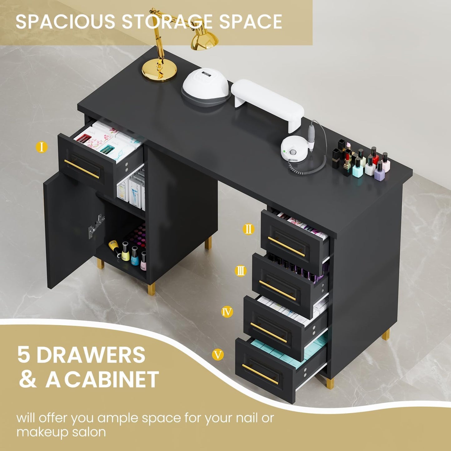 MaverickFurni Black and Gold Nail Tech Desk with Drawers, 43 Inch Manicure Table with Storage for Nail Tech, Nail Makeup Beauty Salon Table with 5 Drawers and Cabinet, Wooden Salon Spa Desk