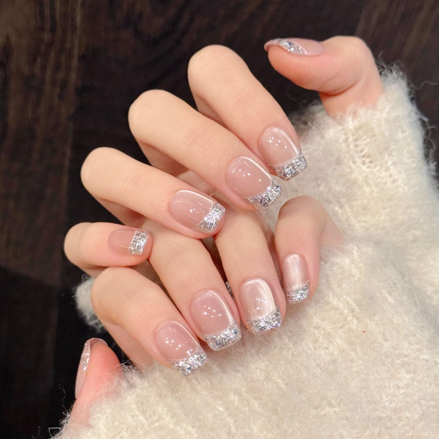 Handmade Press On Nails - Nude Pink Glitter French Tips | 10 Pcs Reusable & Easy to Apply