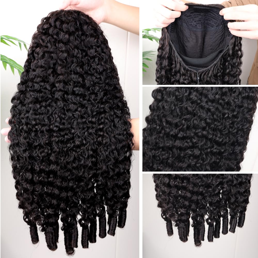 PERISMODA Burmese Curly Half Wig Glueless Wigs Human Hair with Spiral Curly End 200% Density 3 IN 1 Kinky Curly Human Hair Half Wig With Drawstring Seamless Clip Ins Flip Over Natural Color