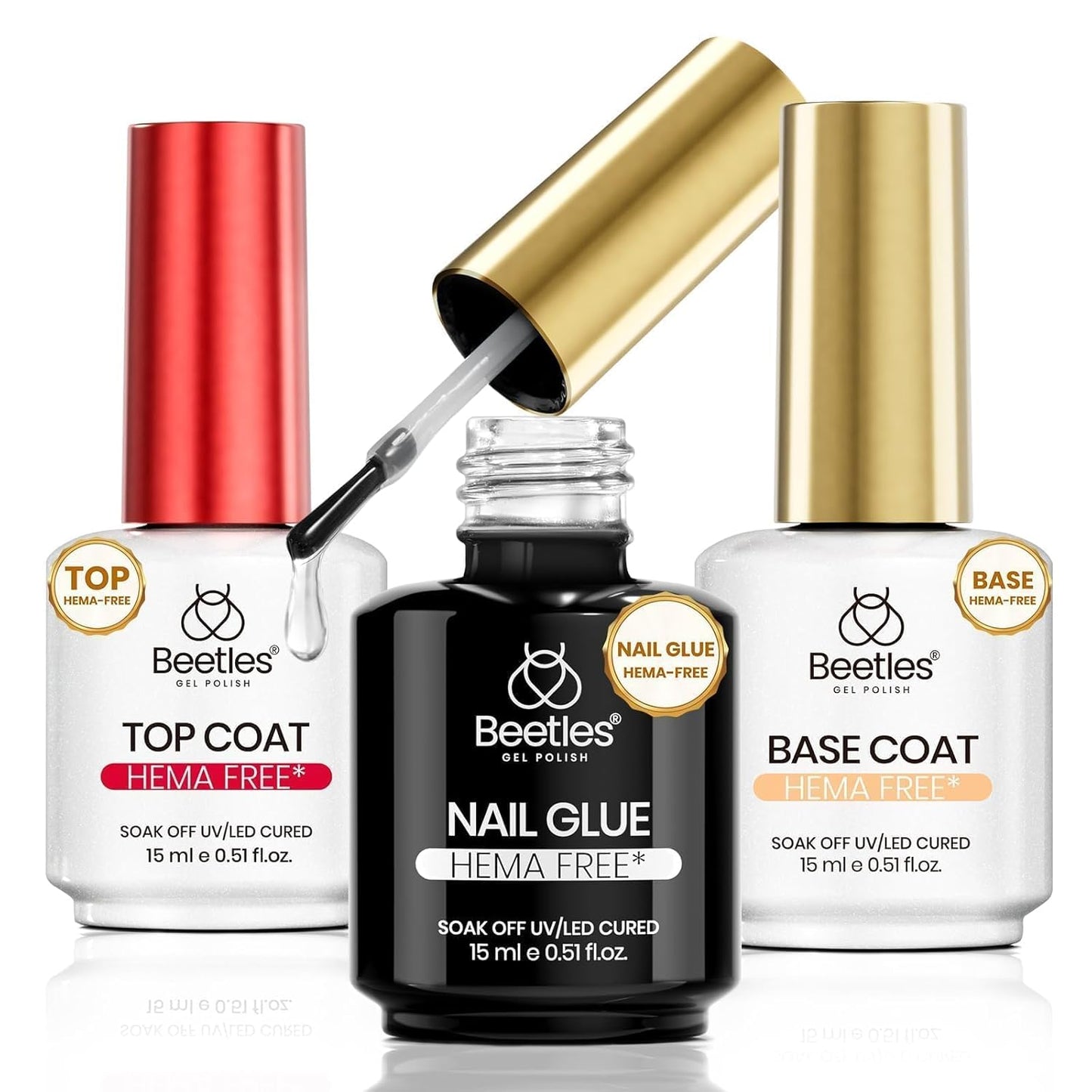 Beetles Nail Glue Set - 3Pcs 15ml HEMA-Free Base Gel & No Wipe Top Coat for Long Lasting Nail Extensions | UV/LED Cured