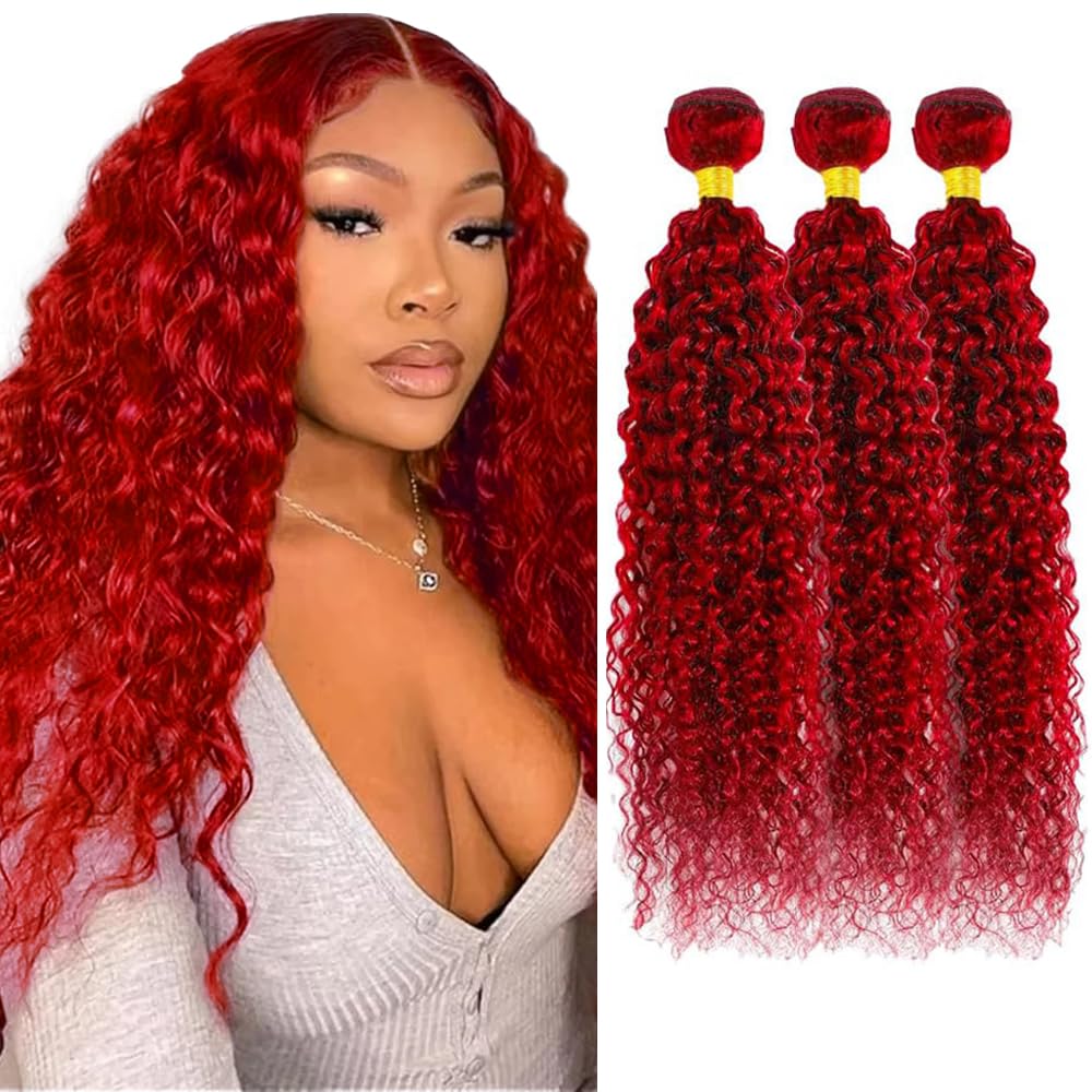 Red Human Hair Bundles Burgundy Kinky Curly Bundle Peruvian Virgin Hair Mixed Length 3 Bundles/151g 14 16 18 Inch Fire Red Kinky Curly Bundle Hair Extensions