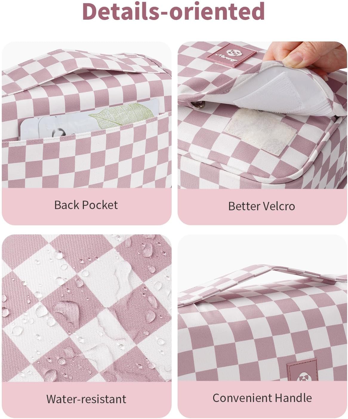 Small Hanging Travel Toiletry Bag - Checkered Makeup Organizer for Women | Dusty Pink Checkerboard