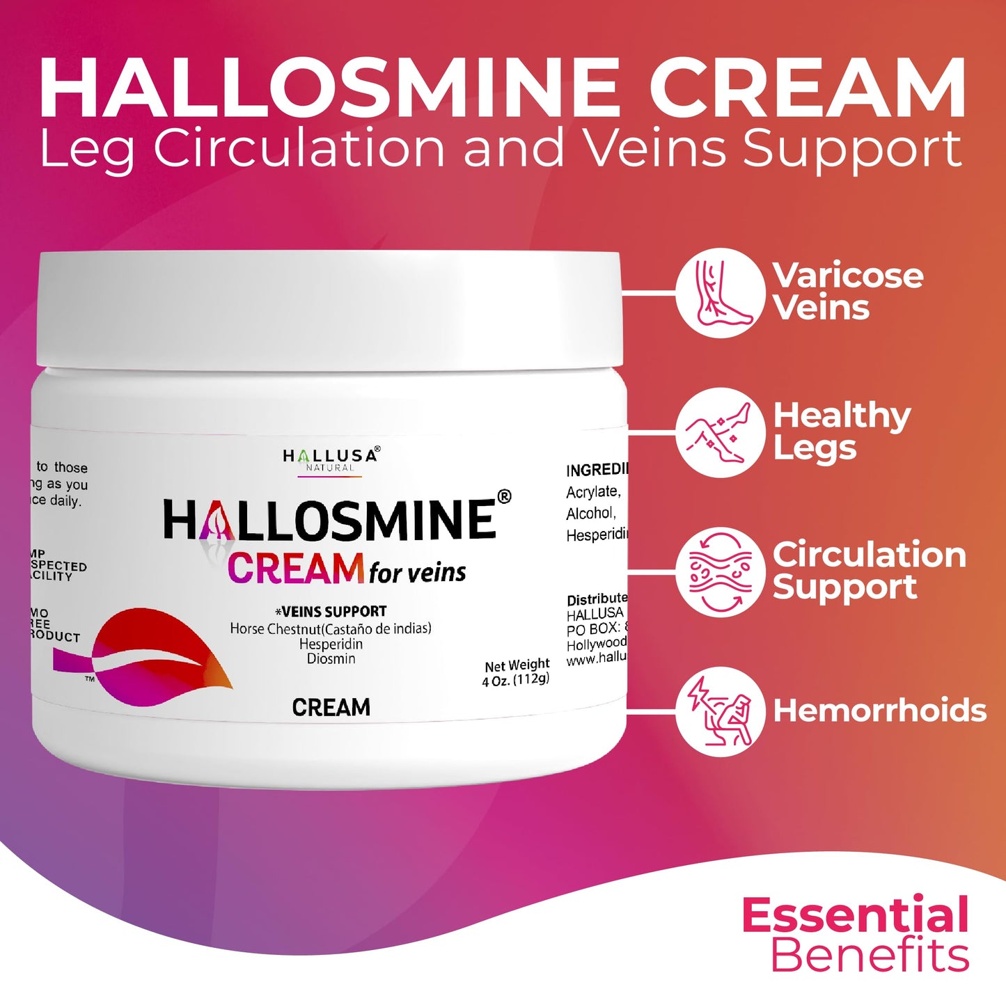 Hallusa Natural Hallosmine Leg Cream with Diosmin, Hesperidin, Horse Chestnut, Menthol & Aloe Vera | Daily Leg Comfort for Visible Veins, Swelling and Heavy Legs, 4oz (112g)