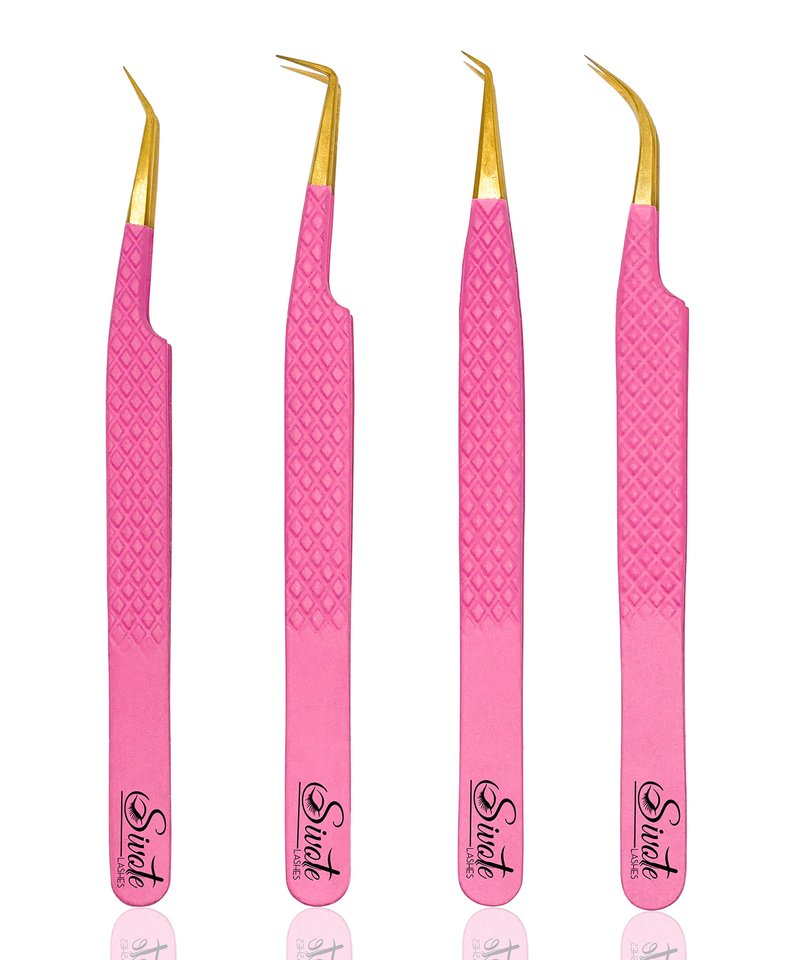 SIVOTE Fiber Tip eyelash tweezers for lash extensions with Diamond Grip, Pink, Set of 4 - Precise Tips Japanese Steel for Classic, Volume & Mega Volume Lashes, Anti-Rust - Ideal for Lash Artists