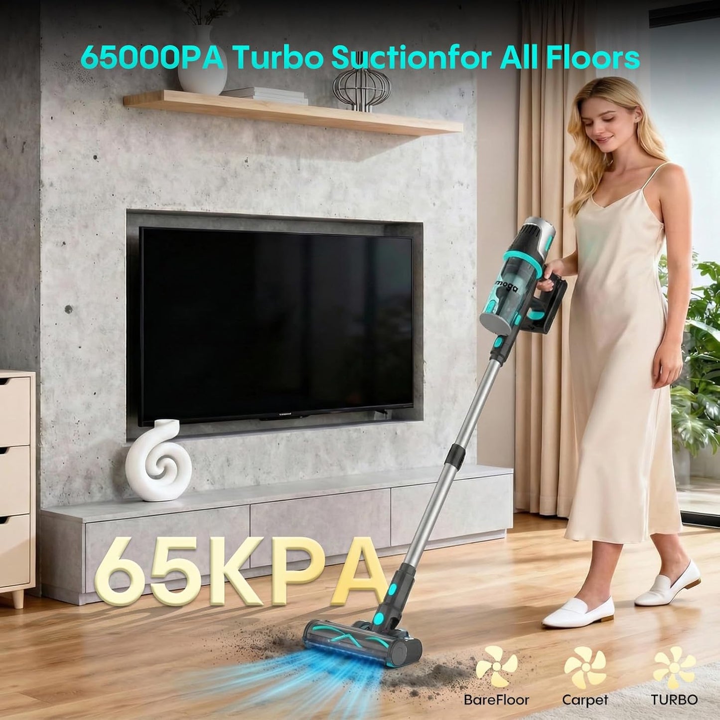 Cordless Vacuum Cleaner - 65KPa Suction Power, 65 Mins Runtime, Anti-Tangle Touch Screen | Detachable Battery for Floors & Carpets