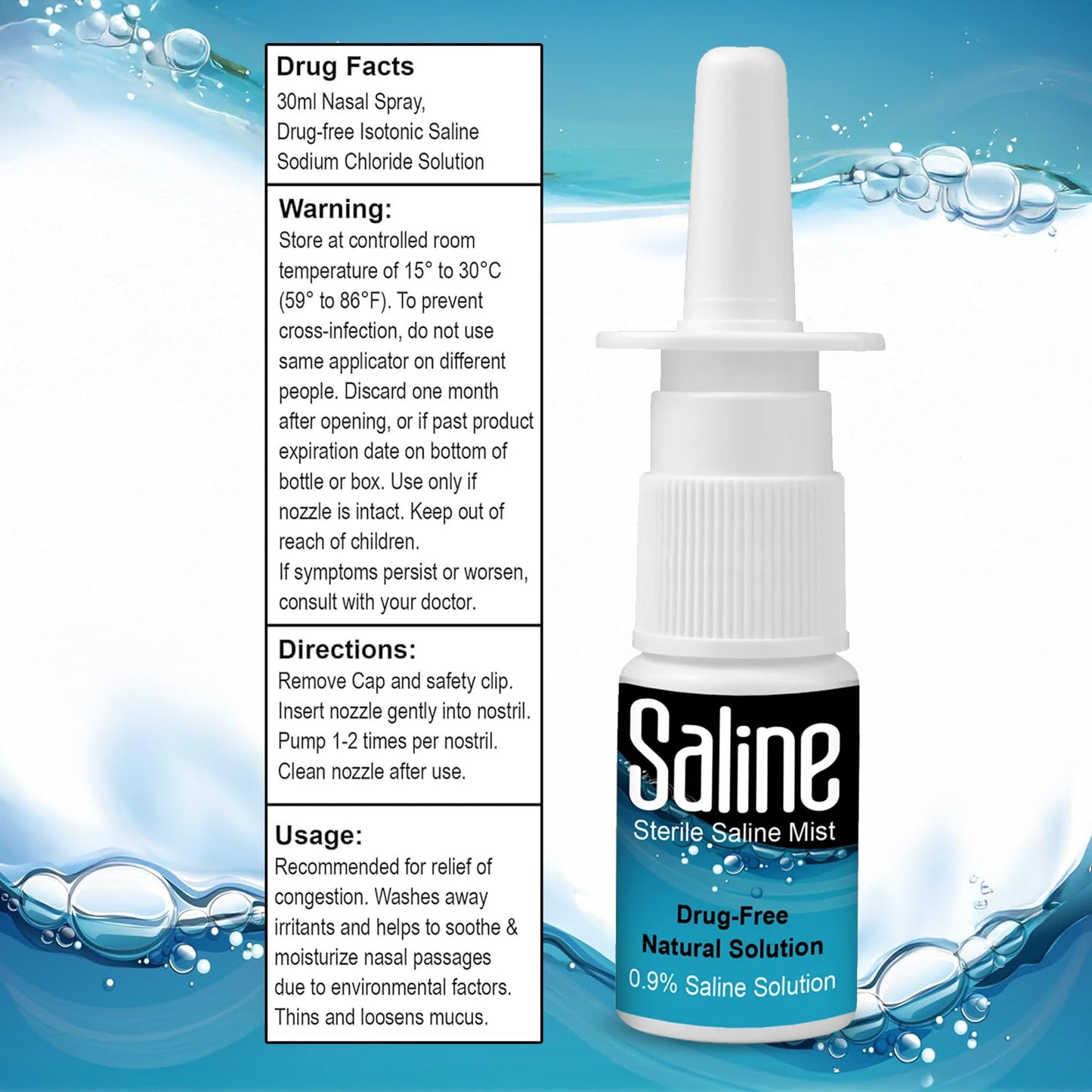 Saline Spray for Nose - Nasal Spray Saline Solution for Newborn, Baby & Adults, Salt Water Decongestant Mist for Stuffy Nose, Travel Friendly, Natural, 0.9% Saline - 30 ml (Pack of 3)