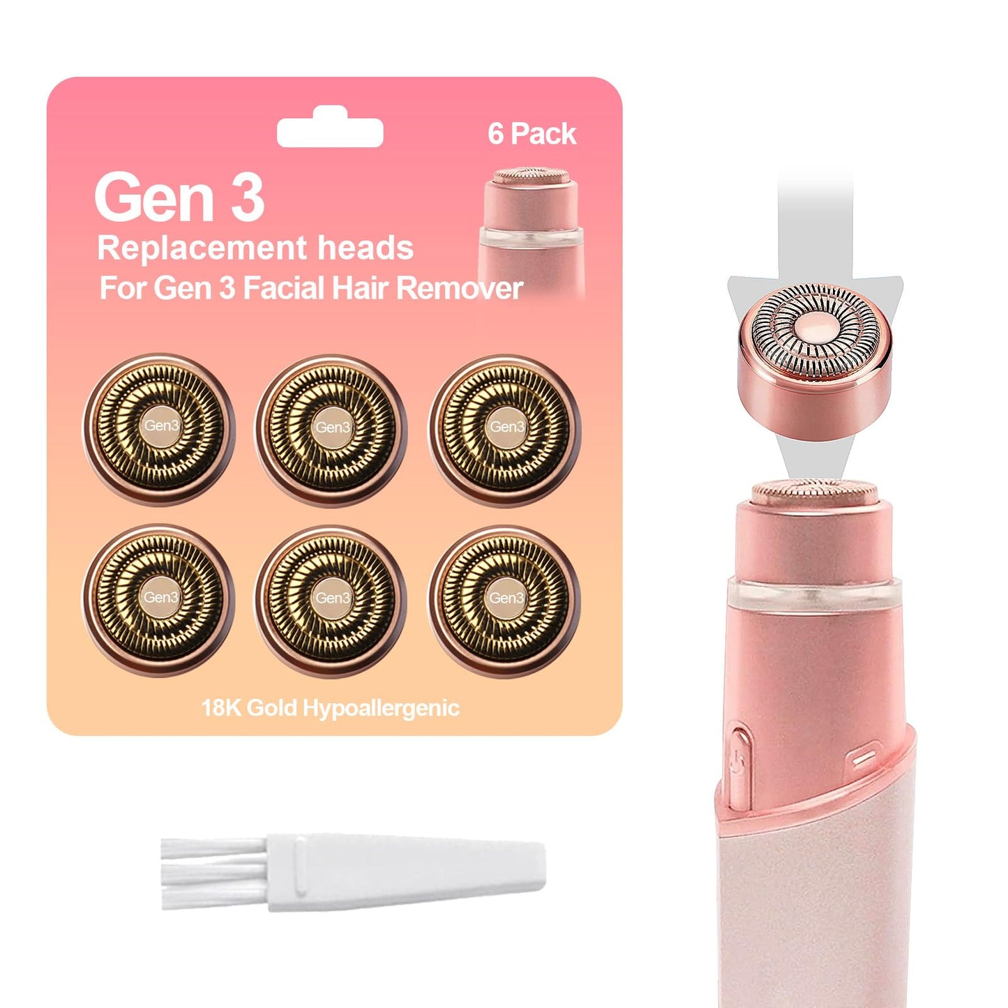 FRASAM 6Pack Facial Rose Gold Gen 3 Replacement Heads for Flawless Hair Remover Generation 3, 18K Gold Double Blades
