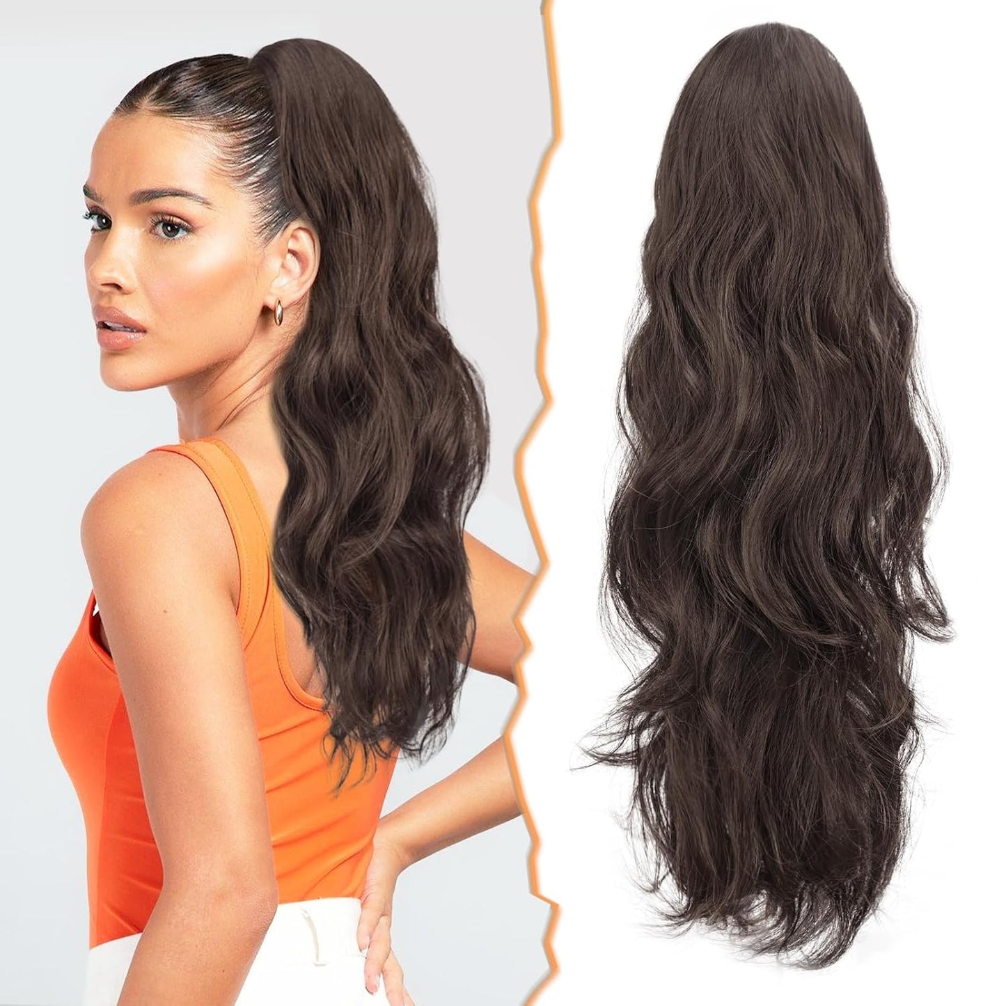 Dark Brown Claw Clip Ponytail Extension - 20 Inch Wavy Synthetic Hairpiece for Women | Lightweight & Natural Look
