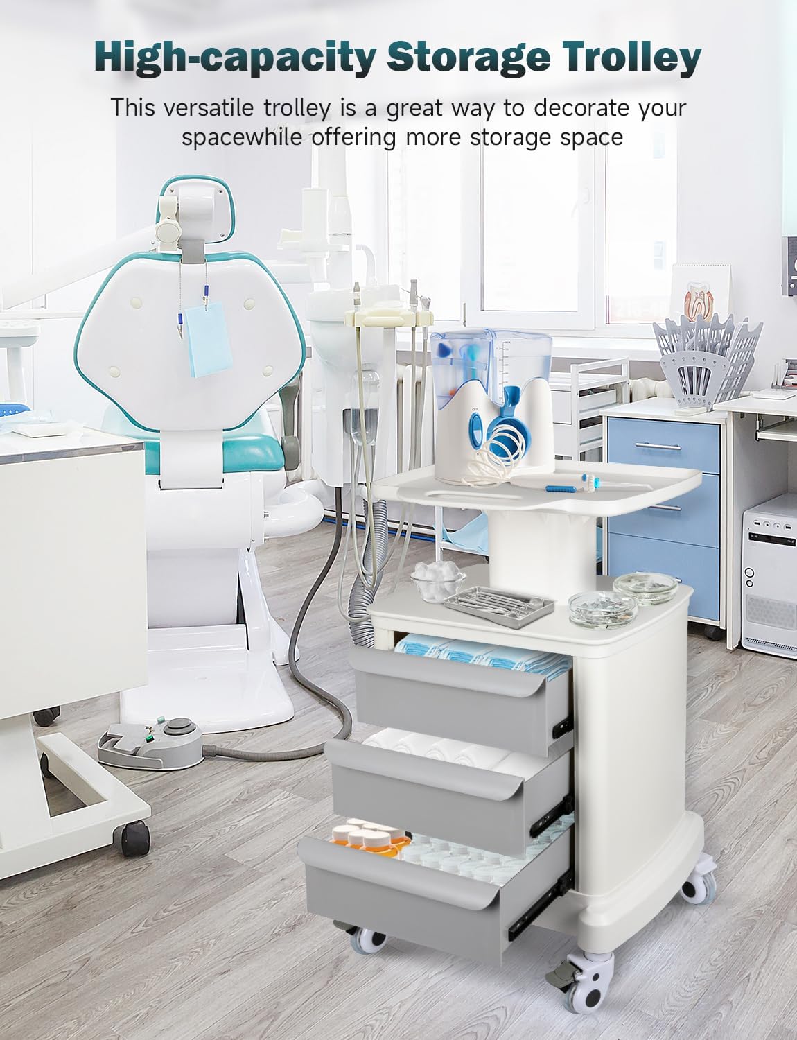 Mobile Trolley Cart - Portable Ultrasound Imaging Scanner Storage | 115 LBS Load, 3 Drawers, 4 Wheels