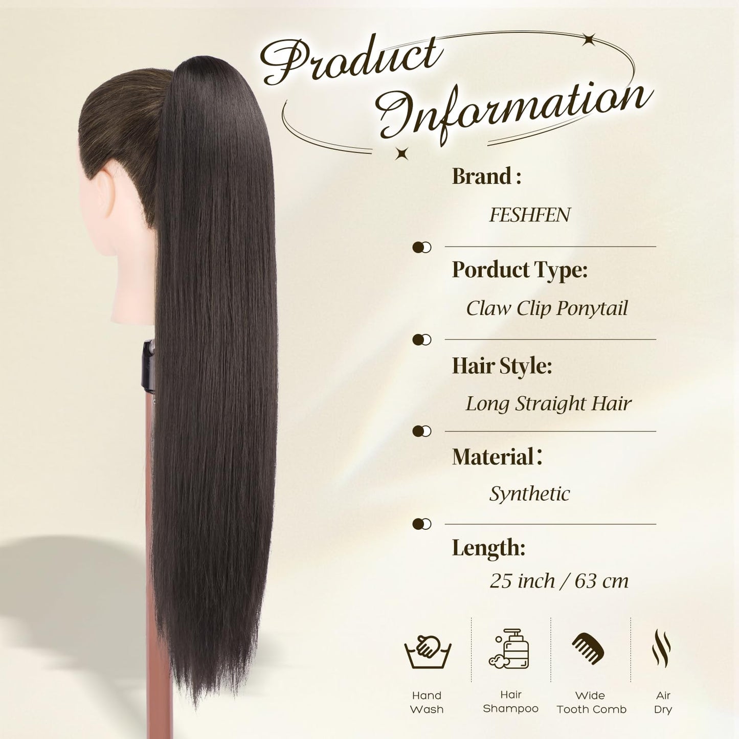 FESHFEN Claw Ponytail Extensions - Long Straight Ponytails for Women Dark Brown Hairpieces Synthetic Hair Pony Tails Extension Clip in Hairpiece, 25 inch