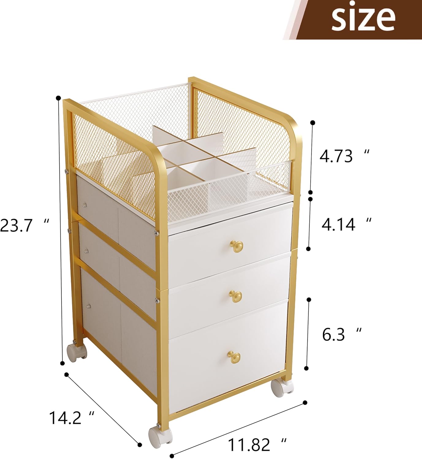Rolling Makeup Organizer Cart - 3 Drawer Vanity Storage with Gold Finish | Under Desk Cosmetic Display for Nail Polish & Brushes