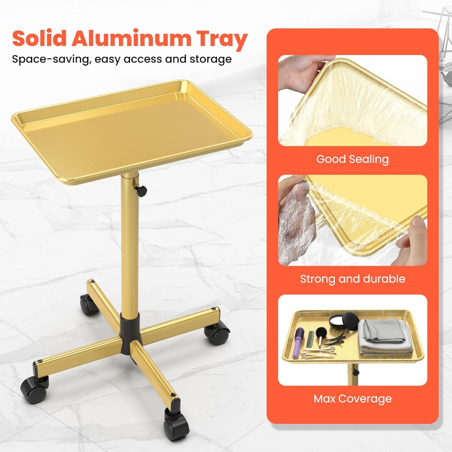 Rolling Salon Tray - Adjustable Height Mobile Trolley with Wheels & 2 Magnetic Dye Bowls | Gold Metal, 10 PCS Covers