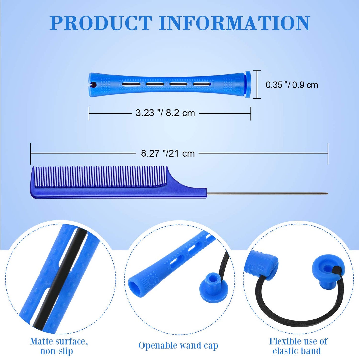Cold Wave Plastic Curlers - 48 Pieces Hairdressing Set with Steel Pintail Comb | Blue, 0.35 Inch