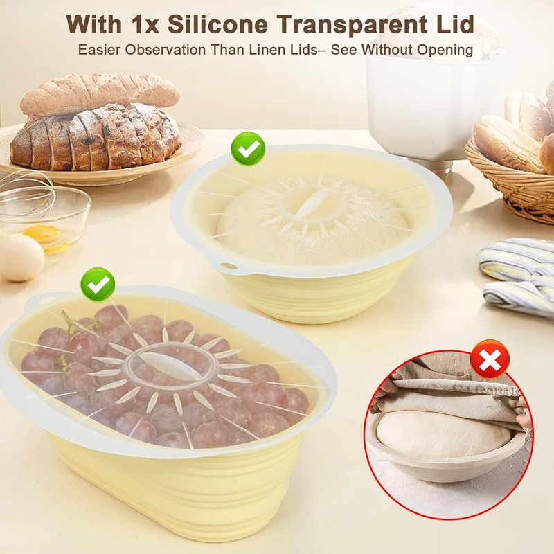 Silicone Sourdough Starter Kit - Upgraded 9" Round & 10" Oval Banneton Bread Proofing Basket | Non-Stick, Foldable Design with Baking Tools