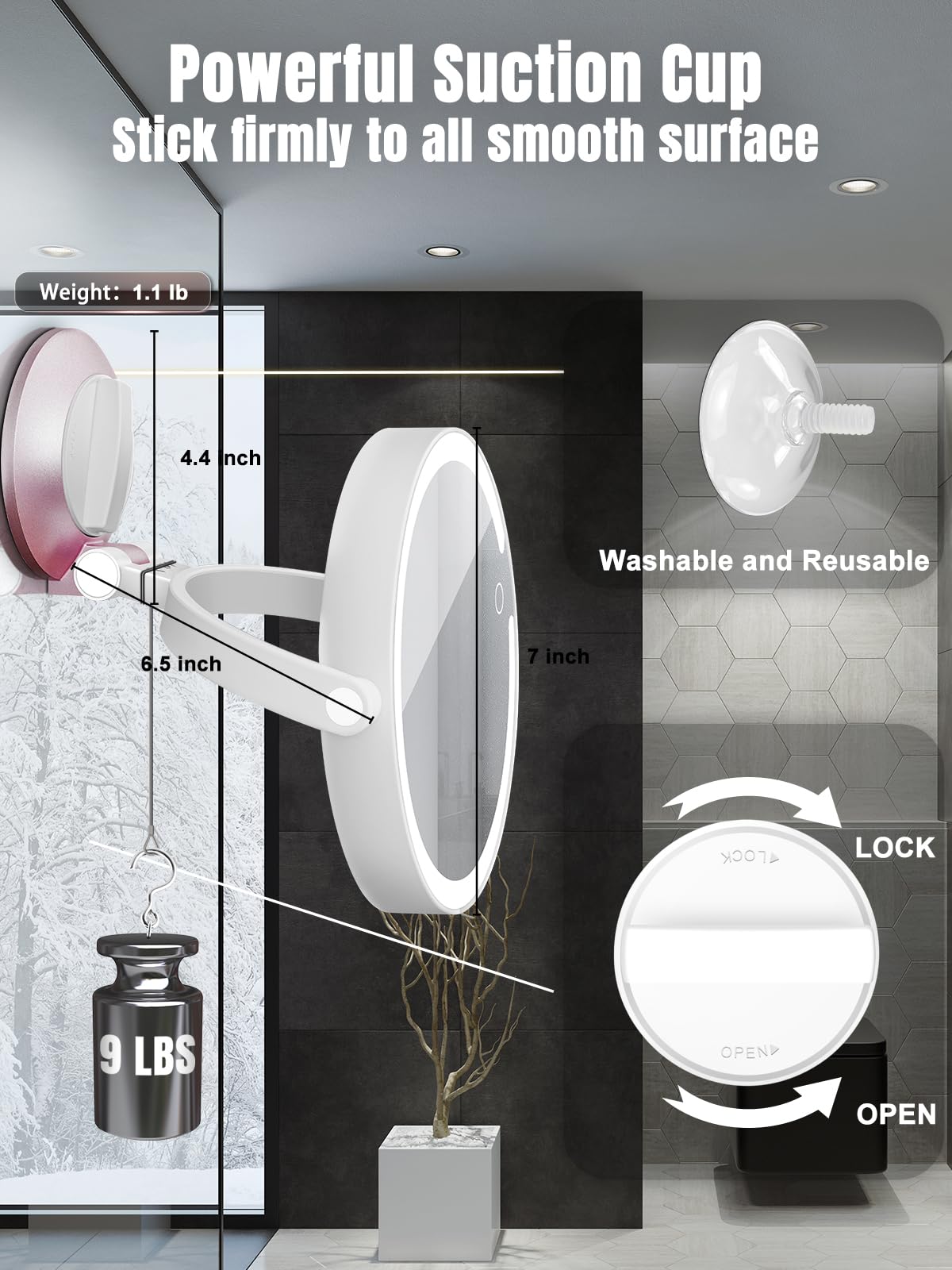 vpu 30X/1X Wall Mounted Magnifying Makeup Mirror with Power Suction Cup, Rechargeable Double Sided Regular HD/Magnification 3 Color Modes Adjustable Brightness Mirror with Lights for Bathroom, Travel