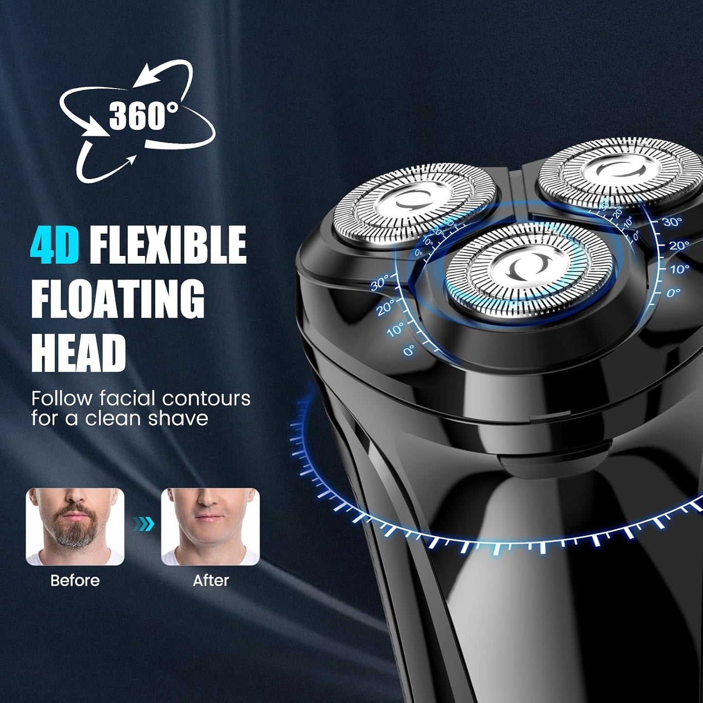 Electric Razor for Men - Wet & Dry Shaver with 4D Flex Blades, Pop-up Trimmer | USB Fast Charging, LED Display, Travel Lock